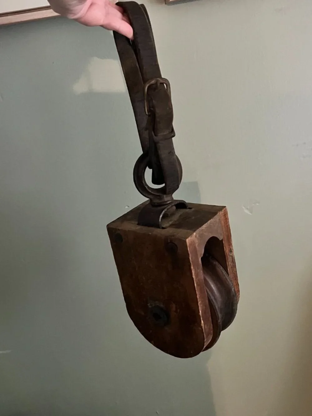 Antique Wood Pulley Block With Original Leather Strap Iron Hook Farmhouse Indust